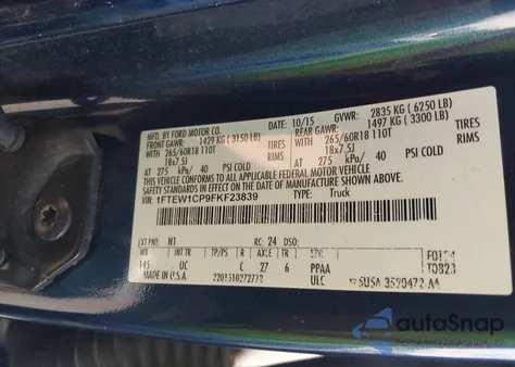 2015 Ford F-150 Xlt из США, поврежденный, VIN 1FTEW1CP9FKF23839